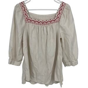 Universal Thread Women's Cream Square Neck Red Embroider 1/2 Sleeve Blouse Med